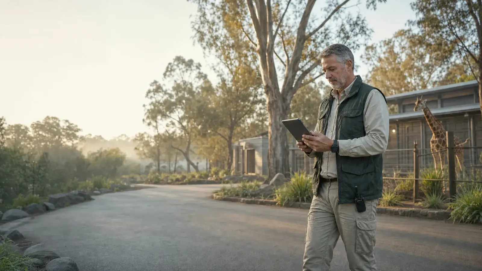 A facility director reviews the morning's records on a tablet on a walkway between enclosures at golden hour, with a giraffe visible beyond the fence.